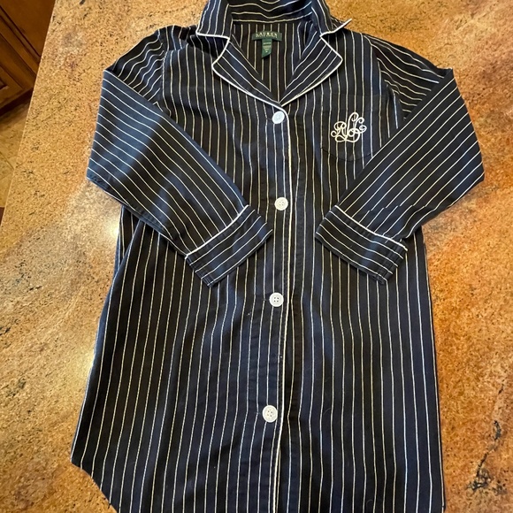 Lauren Ralph Lauren Navy White Striped Monogramed Night Shirt Size Medium - Picture 6 of 7